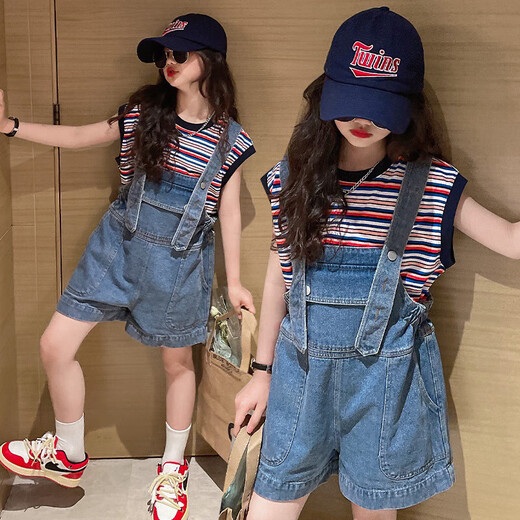 Weiman Xiaolu Children's Clothing Girls' Suit Summer Children's Suit Girl's Cowboy Overalls Suit Girls' Summer Clothing for Middle and Large Children 139 Overalls Suit 120