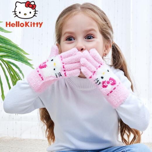 HelloKitty Hello Kitty imported from Taiwan children's wool gloves girls winter warm and cold windproof gloves for school coral velvet fabric finger gloves KC023 light pink 2~7 years old