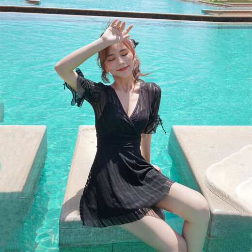 Vandila swimsuit women's belly-covering slimming skirt-style swimsuit large size sexy hot spring student swimsuit 104033 black M (80-90Jin [Jin equals 0.5 kg])