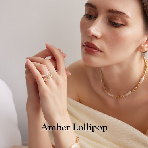 Amber Lollipop freshwater millet bead ring for women, versatile, high-end index finger ring, anniversary birthday gift for girlfriend and wife, white (freshwater pearl)