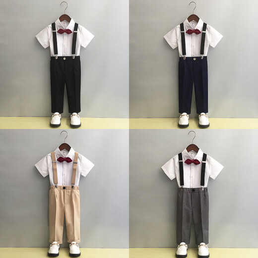 GOKU男童礼服主持人帅气儿童小西装套装花童背带裤英伦男孩钢琴演出服 黑色裤子+衬衫+背带领结 150