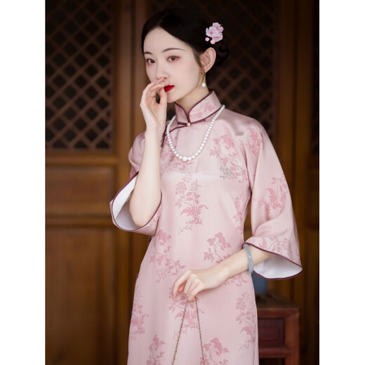 One-City Style Xucheng Feihua丨Retro Republic of China Style One-piece Heavy Silk Inverted Large Sleeve Cheongsam for Women Pink Print S