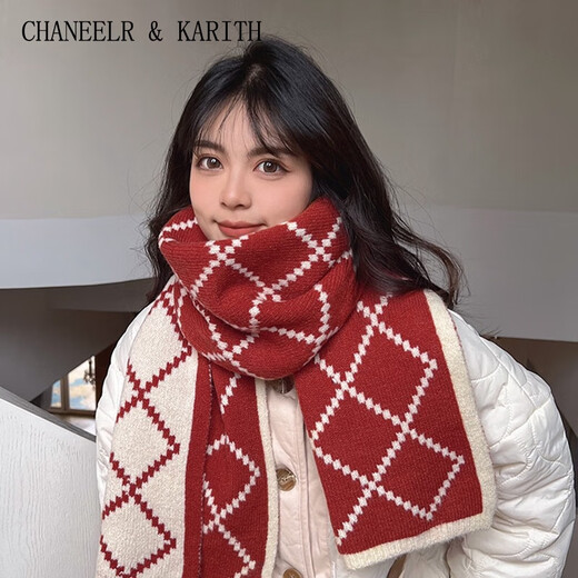 CHANEELR & KARITH scarf winter women's 2025 new scarf thickened warm shawl for girls and wives light luxury birthday New Year gift light luxury fashion versatile ck style red with rice