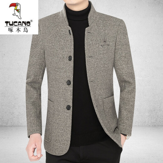 Woodpecker (TUCANO) high-end men's woolen jacket for men 2023 autumn and winter new stand-up collar thickened woolen coat dad wear black gray L 175 suitable for 120-135Jin Jin equals 0.5 kg