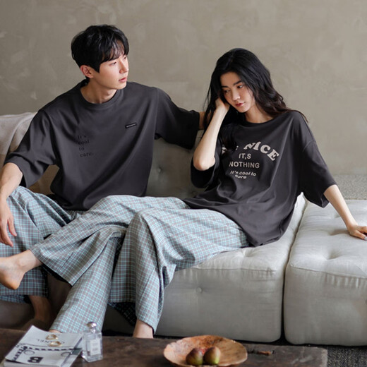 In Shimmer, summer pure cotton couple pajamas, thin short-sleeved plaid trousers set, large size cool cotton pajamas set, men's XL