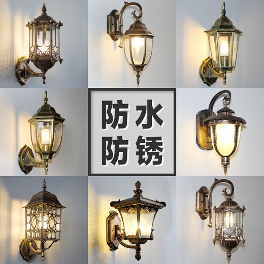 Outdoor wall lamp waterproof European retro balcony garden lamp American aisle staircase outdoor pastoral LED wall lamp sand black hexagonal wall lamp