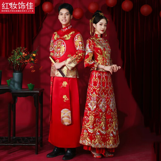 Red makeup Jiaxiuhe clothing couple's style Chinese wedding dress men's and women's suit 2024 new wedding dress heavy industry couple toasting suit men's [heavy industry Pan Jinxiu] S