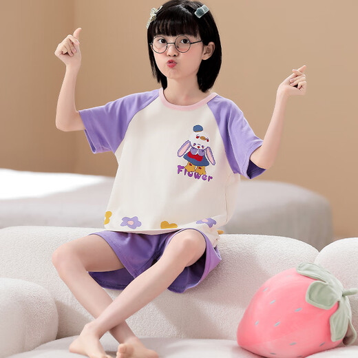 浪莎母女亲子装睡衣女童夏季短袖薄款纯棉家居服小女孩学生夏天套装 LYP692 M 女150-160CM/80-98斤