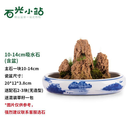 Shiguang Station absorbent stone natural stone bonsai fish tank courtyard large fish pond landscaping absorbent stone original stone water stone bonsai 10-14cm absorbent stone with 19cm blue flower pot