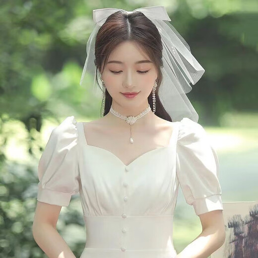 Dingjing Certificate Proposal Veil Bride Wedding Dress Wedding Internet Celebrity Style Super Fairy Beaded Bow Knot Fantasy Travel Photo Photo Props Children's Veil Fashion Headwear Bow Single Layer Beaded Veil F560 Hairpin Style