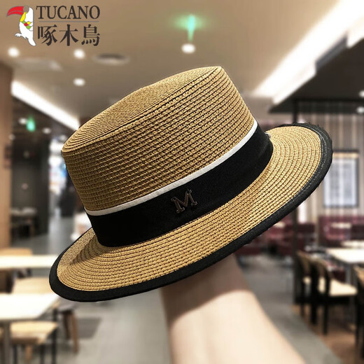 Woodpecker brand Korean flat-top small-brimmed straw hat for women summer sun protection straw hat Internet celebrity summer fashion British hat Khaki M short-brimmed flat-top straw M (56-58cm)