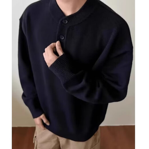 Tanghao (tanghao) Korean version of the new men's relaxed old money knitted sweater, lazy and versatile henley bottoming long-sleeved autumn and winter black high quality XL