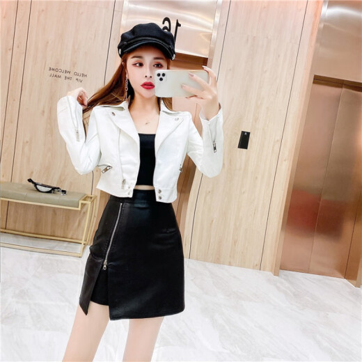 Domino two-piece suit dress autumn and winter fashion sexy women's small fresh student slimming style 2020pu leather rivet jacket + suspender + skirt three-piece white three-piece set S