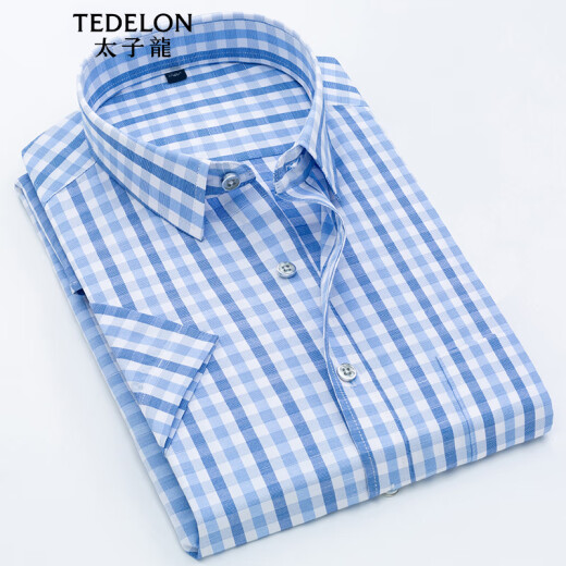 TEDELON short-sleeved shirt men's plaid square collar slim business formal wear iron-free casual shirt youth work bottoming shirt top T01105 light blue XL/40