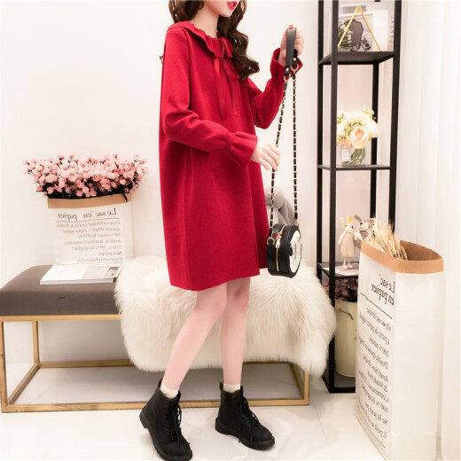 Hanmo Dress Autumn and Winter Loose Sweater Knitted Long Skirt Doll Collar Bottoming Skirt Large Size Women's Knitted Bottoming Shirt Fat MM Slim Sweater Dress HM1001 Red One Size