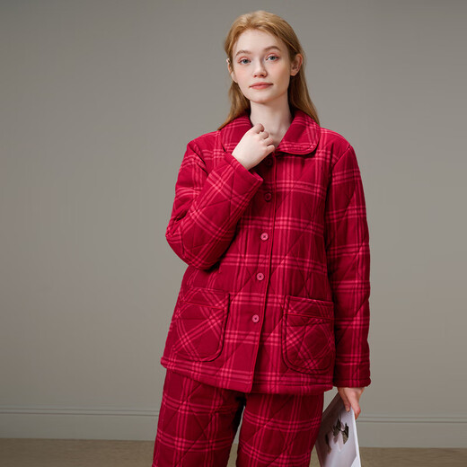 American Standard Couple Three-Layer Thickened Padded Pajamas Set for Women Autumn and Winter Red Wedding Pure Cotton Plaid Home Clothing for Men Cherry Red (Male) XL