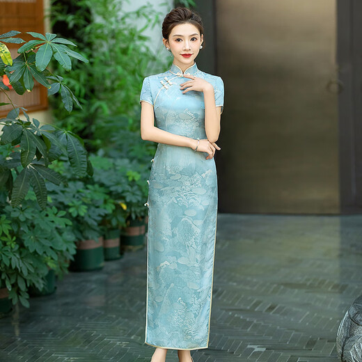 Gu Wainian silk cheongsam long new improved silk jacquard cheongsam high-end temperament slim mulberry silk dress blue M