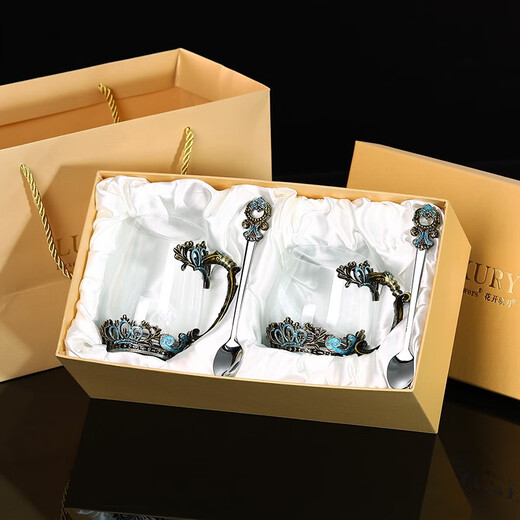欧式皇冠珐琅彩水杯花茶杯套装创意轻奢茶杯玻璃杯ins风泡茶杯女 复古皇冠高矮对杯+珐琅勺+黄礼盒套装