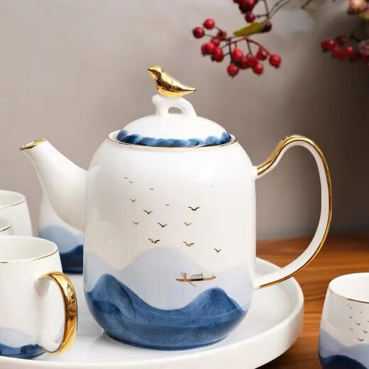 Yanze Guochao style ink ceramic water cup teapot kettle teacup cup set home living room hospitality tea set water set Guochao style ink eight-piece set-gift box