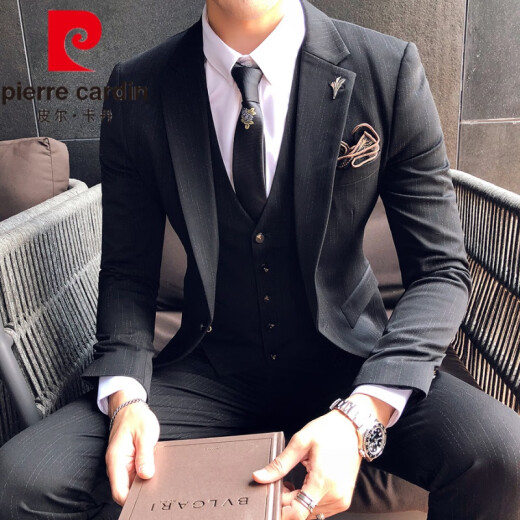 Pierre Cardin (men's wear) formal men's business suit suit men's three-piece Korean style handsome casual slim suit jacket male groom wedding dress knitted black 3-piece suit + shirt tie 52XL