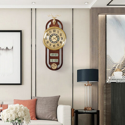 
Zhizhen New Chinese style living room perpetual calendar wall clock creative atmospheric Chinese style wall clock household decorative wooden clock 6172-brass style-Electronic movement
