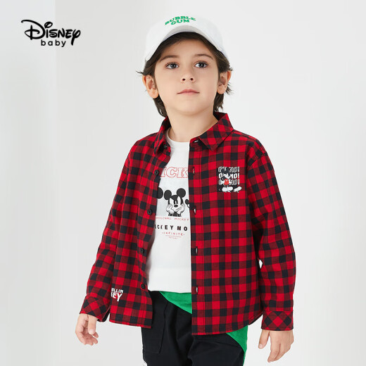 Disney Disney Boys Children's Clothing Children's Woven Flannel Long-Sleeved Plaid Shirt Comfortable Cotton Handsome Top 2020 Autumn and Winter DB031FE03 Red and Black Plaid 110cm