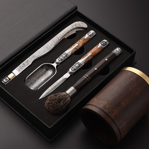 Jinge Pu'er tea knife three-piece tea set, Liujunzi accessories, tea clips, tea spoons, tea ceremony accessories, pot pen, tea set, Baiyingmu Fengxiang Damascus three-piece set