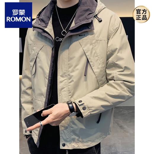 ROMON Jacket Men's Spring and Autumn 2025 New Charge. Clothes Men's Handsome Casual Hooded Workwear Men's Jacket JK8810 Beige Spring and Autumn Model XL Recommended 120-140Jin Jin equals 0.5 kg