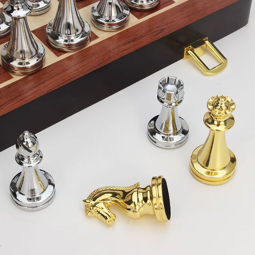 Ziwu Dry Metal Chess Set Wooden Folding Chess Board Children's Educational Competition Special High-end Chess Chess Gold + Bright Color 6630 (Large) King High 7.6cm