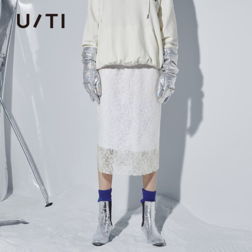 [Same style in the mall] Uti Youti's new skirt, mid-length skirt, pencil skirt, retro-style sequined lace skirt, women's white 36/160/M