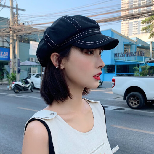SOMUBAY beret retro octagonal hat for women British summer thin black hat Korean version trendy and versatile Japanese top-stitch newsboy hat BLM-192 black M (56-58cm)