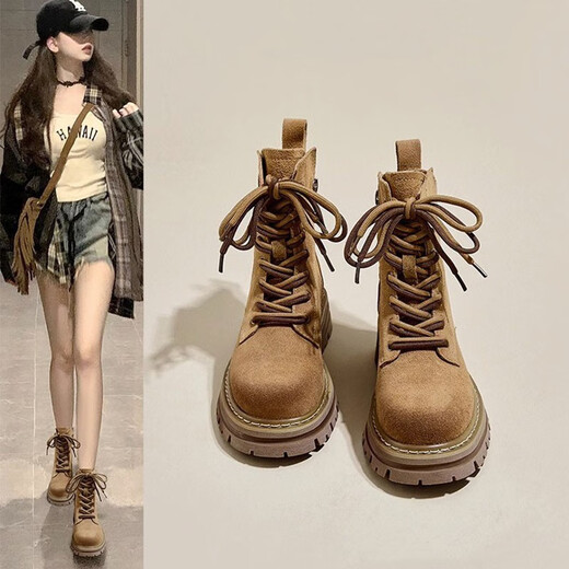 九寸阳光马丁靴女2025春秋新款复古工装西部牛仔靴厚底内增高短靴棕色户外 39码马丁靴女7孔棕色