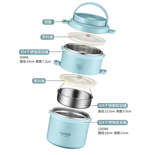 TAFUCO student lunch box 304 stainless steel work divider large capacity three-layer dinner plate 2.4L-Tianhu Blue-T5349
