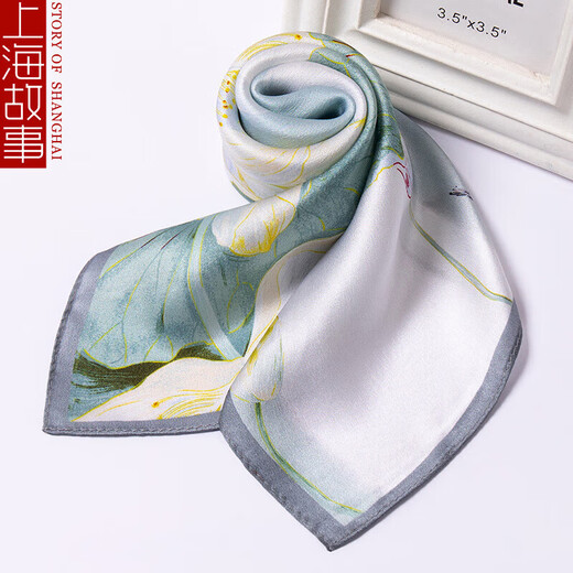 Shanghai Story Lotus Green Age Reduction Foulard en Soie Petit Foulard Carré pour Femme 2025 Nouveau Printemps et Automne Style Mince Imprimé Foulard de Mode Lotus Pond Moonlight 53*53CM