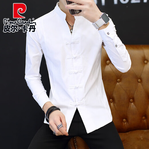 
Pier Cardin autumn men's shirt long sleeve buttoned Chinese stand-up collar jacket Chinese style casual shirt feel men's clothing black 9905 buttoned stand-up collar shirt 2XL