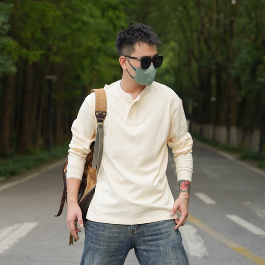 PKSAQ American retro heavyweight Henley shirt T-shirt men's casual long-sleeved bottoming shirt Ami khaki work shirt men's iron gray L