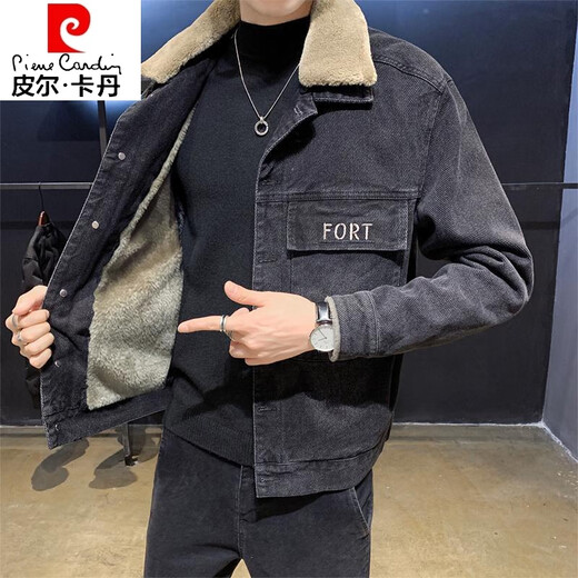 Pierre Cardin denim jacket men's winter velvet thickened Korean version trendy all-match work jacket men's clothing 8136 black XL
