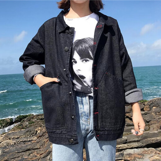 Max Hui Harajuku style black denim jacket for women loose spring and autumn student mid-length Korean version versatile bf top trendy black L