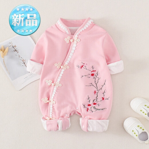 New trendy and cool fashionable baby autumn clothes for children, thin Chinese style baby girl's 100-day banquet one-piece rompers, full moon clothes, baby girl cheongsam, pink plum blossom cheongsam, autumn style, double layer, small size 66cm