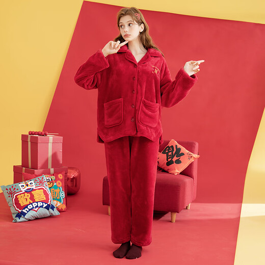 Fenten Couple's Pajamas Autumn and Winter Zodiac Year of the Snake Lapel Double-sided Coral Velvet Home Clothes Couple's Pajamas Set Big Red (Women's Style) 2XL