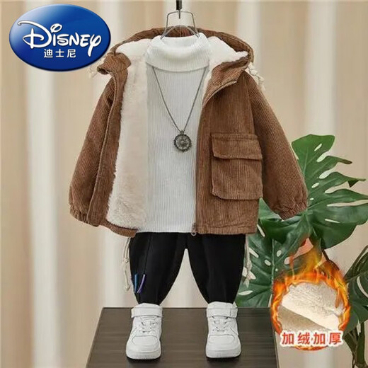 Disney (Disney) children's corduroy jacket boys' winter thickened velvet new style children's fashionable baby hooded winter clothing trendy brown smiling corduroy jacket 100cm