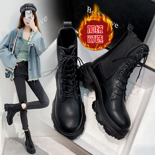 Xilei women's boots Martin boots women's British style motorcycle boots thick sole ins cool black boots trendy slim short boots women's versatile boots women's black-cotton shoes 40