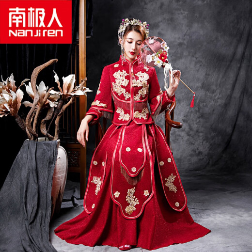 Nanjiren (Zhengui Exclusive) Autumn new bride Xiuhe suit nine-quarter sleeves fashion temperament Chinese style cheongsam wedding long dress wedding dress female red S