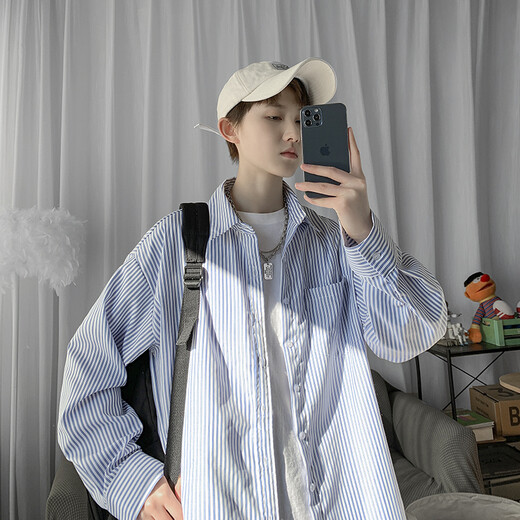 NEW OR MODE长袖衬衫男士宽松竖条纹休闲上衣外套潮牌cityboy港风日系衬衣男 浅蓝色 XL (建议135-155斤)