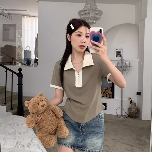 Feili Musanne contrasting zipper lapel short-sleeved T-shirt for women's summer new curved hem loose belly to cover her belly and make her shoulder top 825 apricot color XL Recommended 120-140Jin [Jin equals 0.5 kg]]