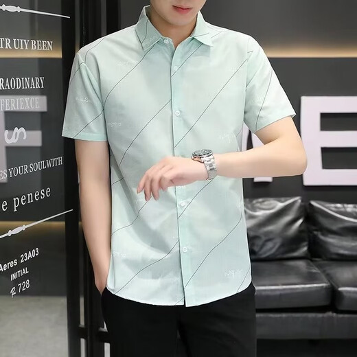 XUANLAIYA men's short-sleeved shirt jacket summer large size half-sleeved solid color casual slim Korean style trendy youth shirt men 826 blue XL