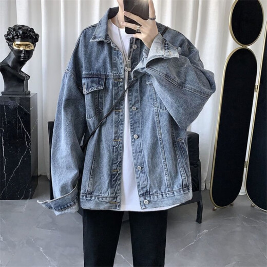 Kofiwo denim suit for men in spring and autumn, Korean version of trendy casual jacket, trendy brand, high-end and handsome, matching men's three-piece and four-piece suit/N067 black + long T + black pants + necklace XL (recommended weight 125-135Jin [Jin is equal to 0.5 kg])