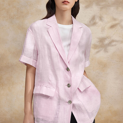 播外套夏季薄款女商场同款柔软亚麻轻盈西装领短外套BDR2XD1355 R10雾粉 S