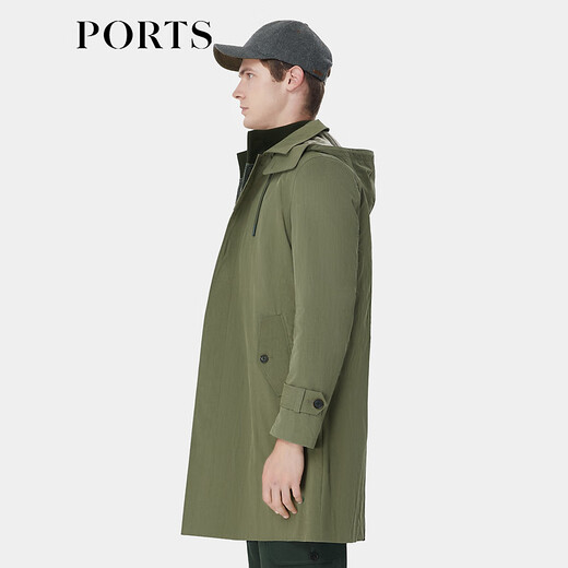 PORTS宝姿男装秋季棉混纺轻微防水可拆卸帽翻领合身长风衣 绿色 S