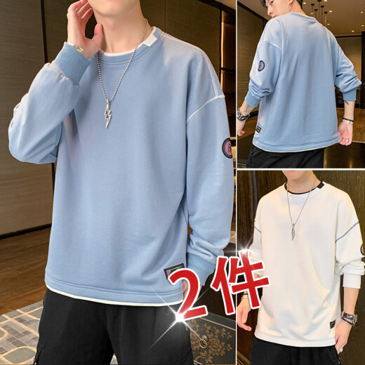 [Two-piece] Long-sleeved t-shirt for men in autumn 2020 new trendy men's clothing, student fashion, versatile fake two-piece tops, autumn bottoming shirts, autumn sweatshirts, men's loose casual pullovers 2153 blue + 2153 white XL